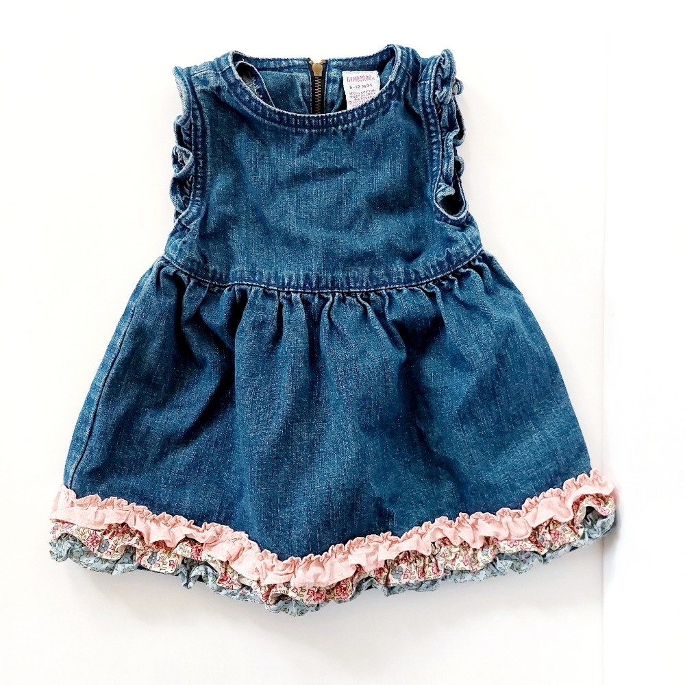 Y2k '02 Snow Angels Denim Jumper Dress Calico Ruffle 6-12m‎ Vintage Gymboree
